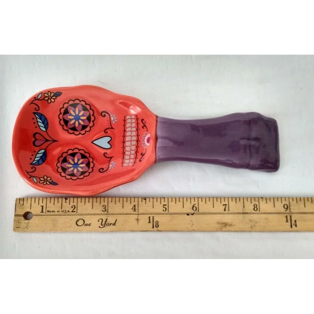Sugar Skull Spoon Rest Halloween Decor Red & Purple Dia de Los Muertos Kitchen